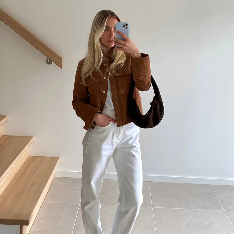 Lapel Single Breasted Vintage Long Sleeve Suede Jacket