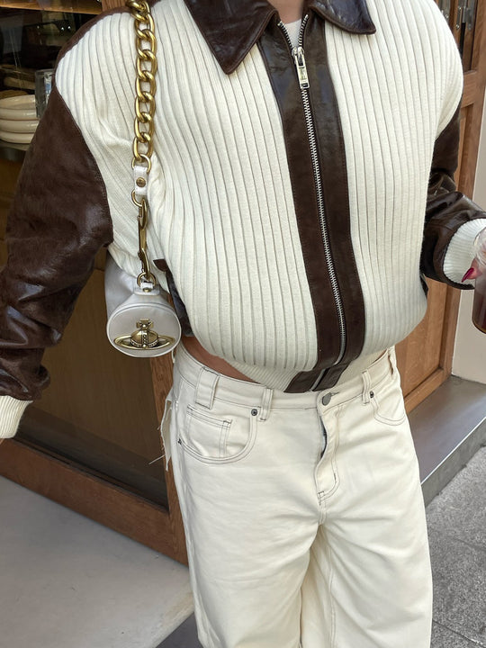 Fashionable Chic Knit-and-leather Patchwork Jacket