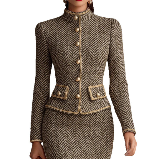 Elegant Herringbone Tweed Trim Skirt Suit For Women