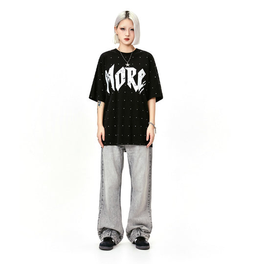 Street Rhinestone Letter Print, Round Neck Casual Short Sleeve T-shirt