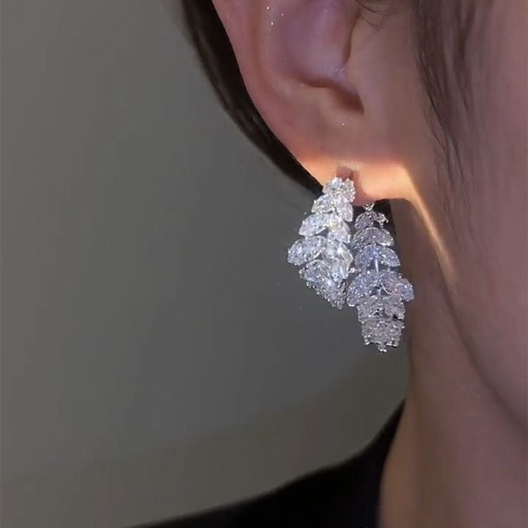 Fully Diamond-studded Leaf Earrings