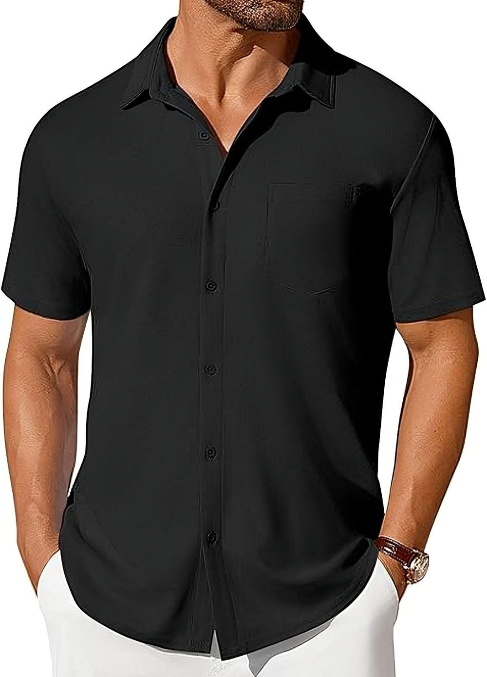 Mens Short-sleeve Button-up Wrinkle- And Crease-resistant Shirt