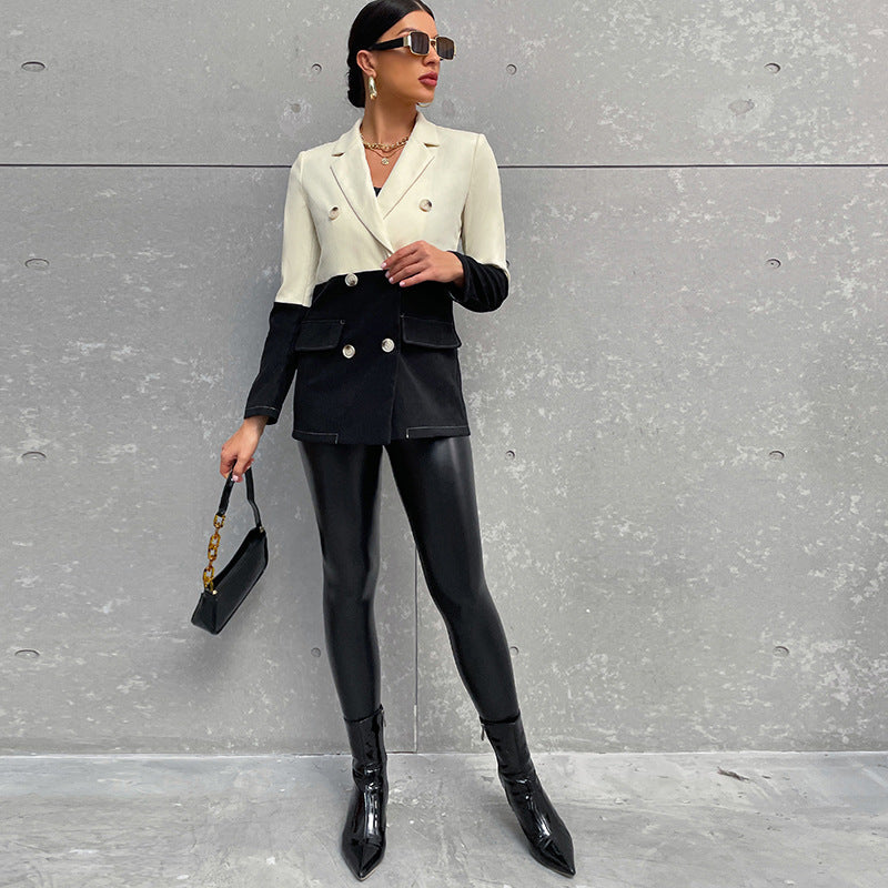 New Black And White Patchwork Button Long Sleeve Mid Length Suit Top