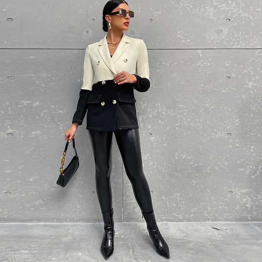 New Black And White Patchwork Button Long Sleeve Mid Length Suit Top