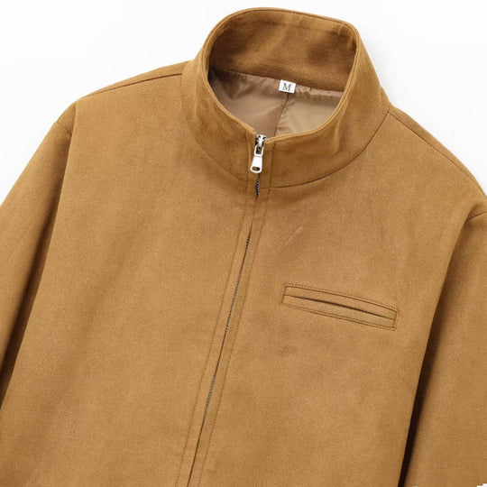 Versatile Stand Collar Long Sleeve Short Zip Suede Jacket