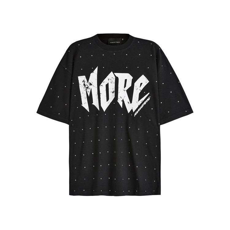 Street Rhinestone Letter Print, Round Neck Casual Short Sleeve T-shirt