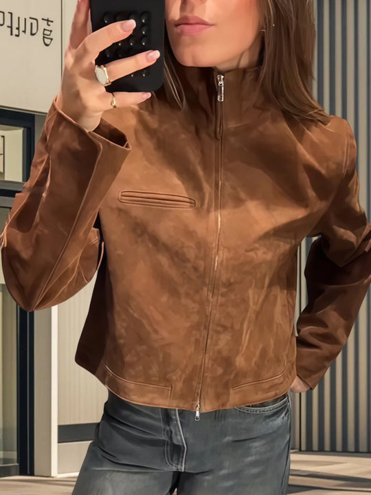 Versatile Stand Collar Long Sleeve Short Zip Suede Jacket