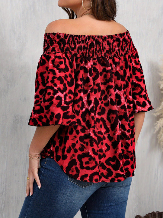 Women's Plus Size Leopard Print Blouse - Elegant Off-Shoulder Ruffle Sleeve Spring Shirt