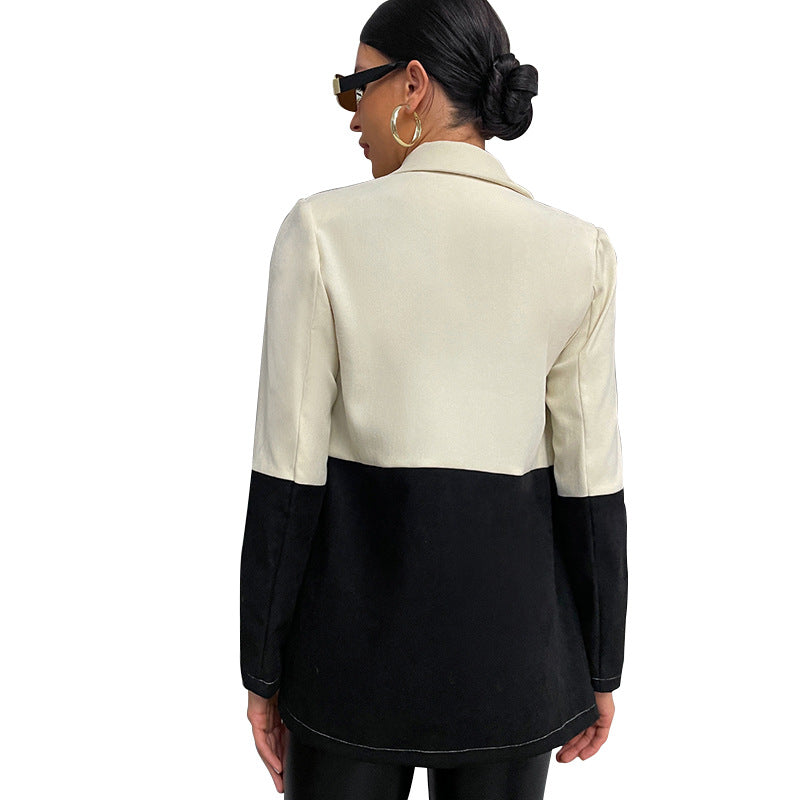 New Black And White Patchwork Button Long Sleeve Mid Length Suit Top