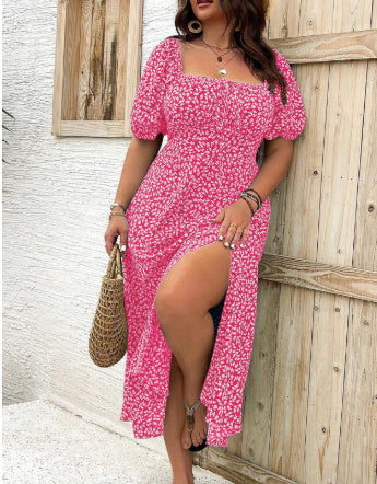 Ditsy floral square collar dress for women, pink with puff sleeves, long A-line skirt, casual summer style.