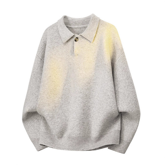 Retro Polo-collar Relaxed-fit Laid-back Single-button Sweater