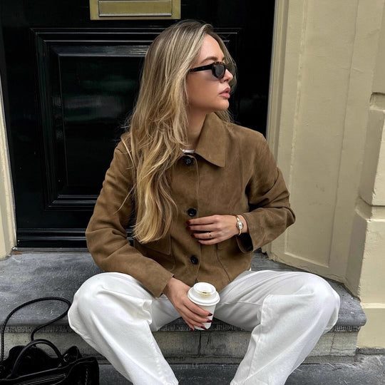 Women's Fashion Retro Long-sleeved Lapel Suede Fabric Jacket Coat