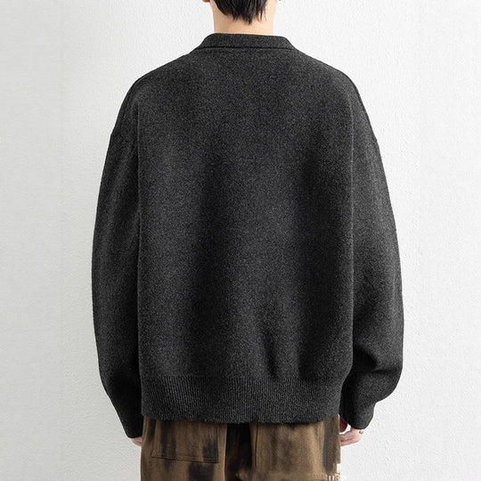 Retro Polo-collar Relaxed-fit Laid-back Single-button Sweater