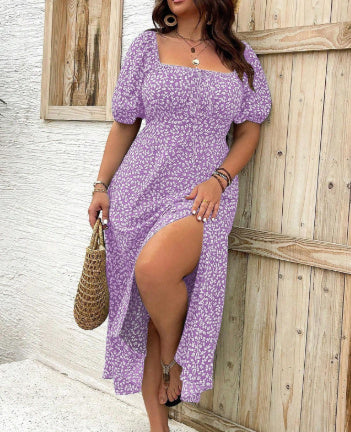 Women in a purple ditsy floral square collar dress with puff sleeves and a slit, styled casually.