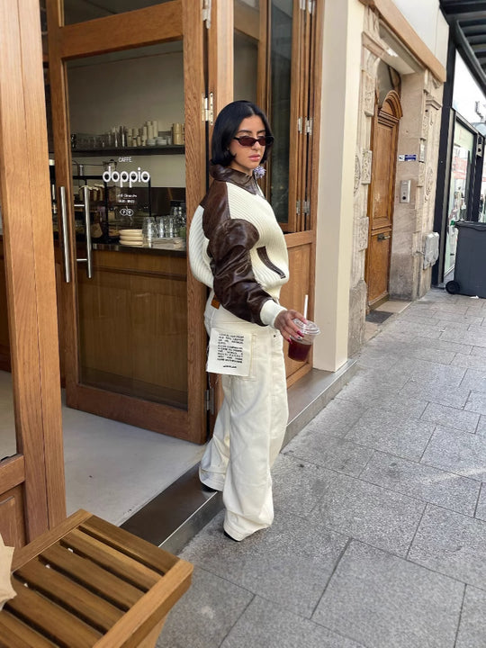 Fashionable Chic Knit-and-leather Patchwork Jacket