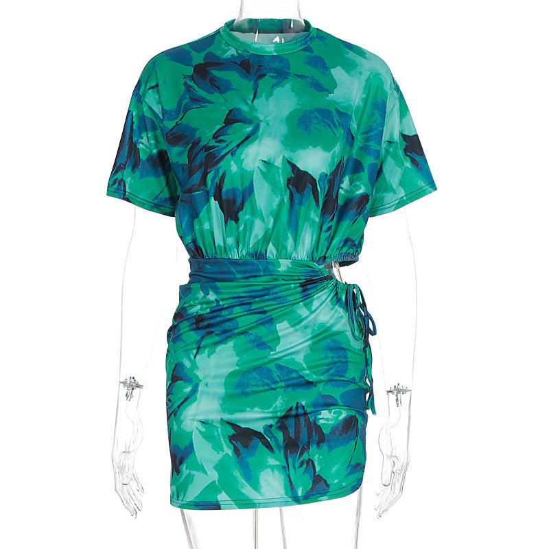 Fashion Tie-dyed Pleated Slim-fit Sheath Dress Women